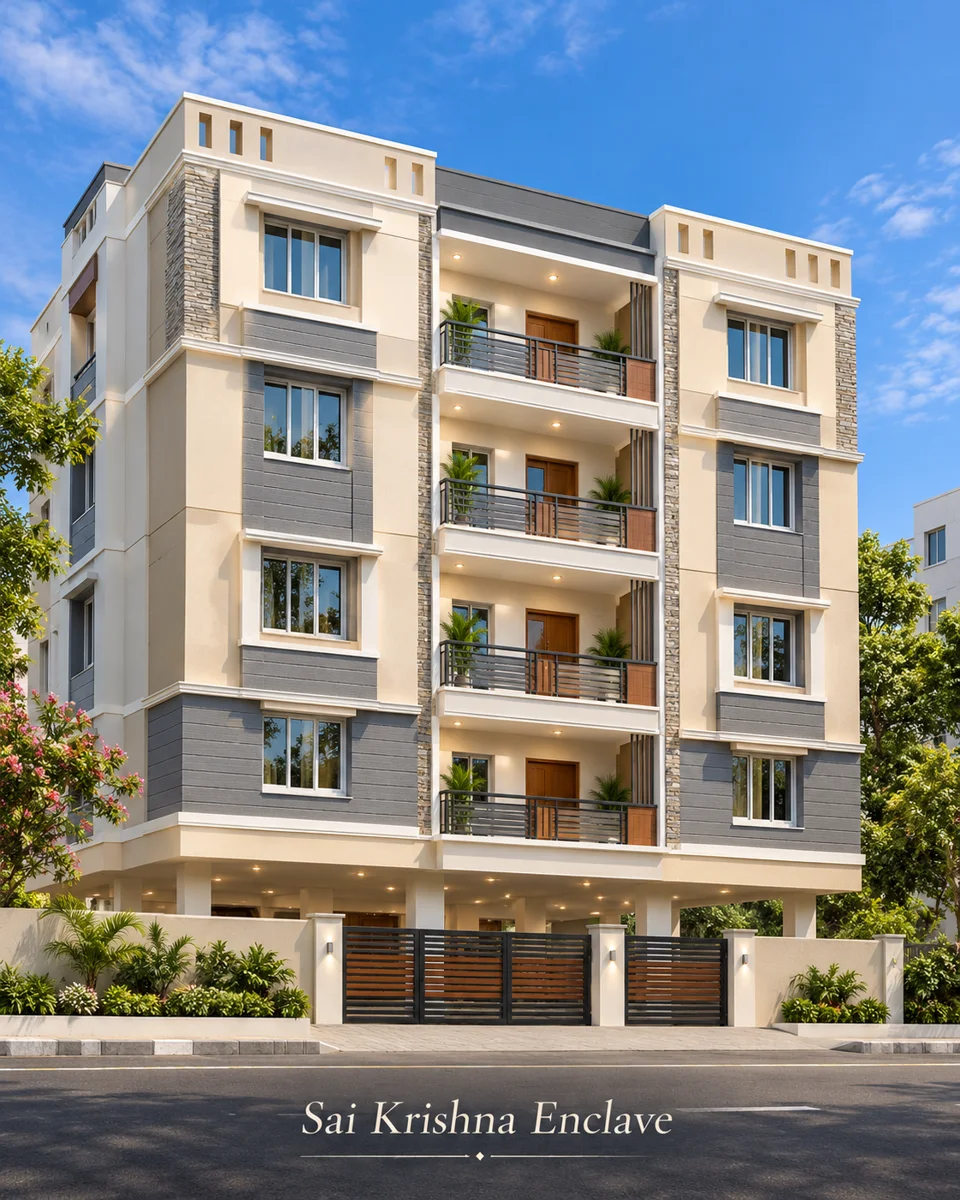Supplied Sai Krishna Enclave illustration: cream and grey apartment building with stone cladding, shaded balconies and a wooden entrance gate.