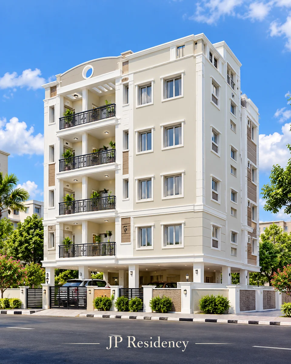 Supplied JP Residency illustration: pale multistorey residential building with dark balcony railings and a finished street frontage.