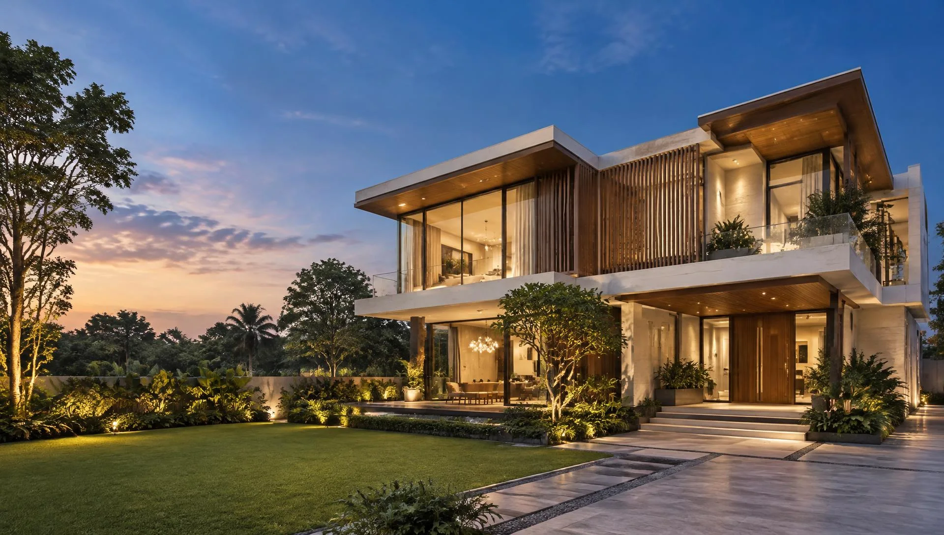 Architectural inspiration: luxury contemporary villa with warm interiors and landscaped gardens
